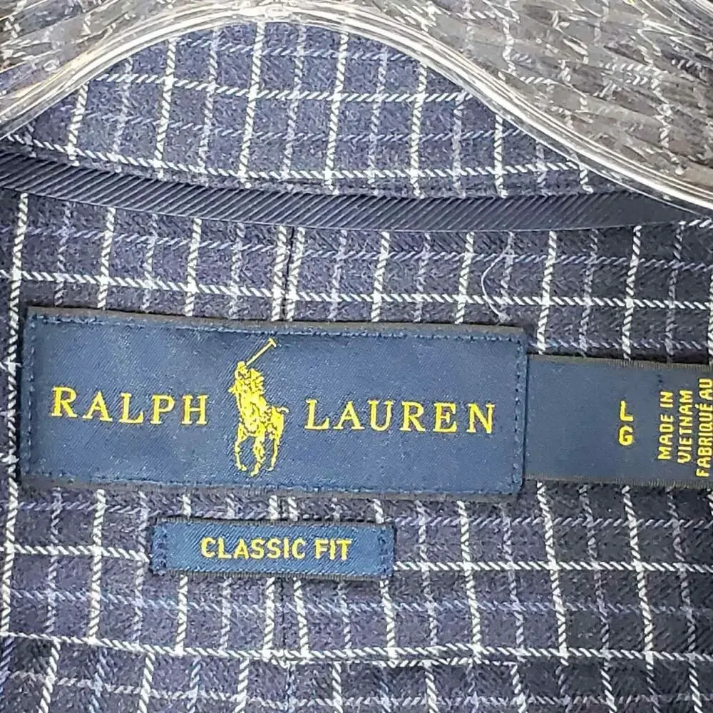 Polo Ralph Lauren Shirt Oxford Button Down Mens Size Large LS Navy Blue Plaid